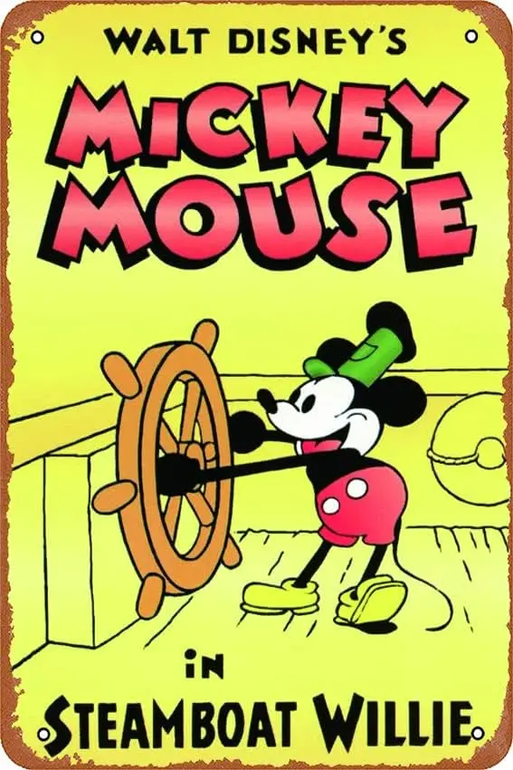 Steamboat Willie Movie (1928) Poster Vintage Metal Tin Sign Wall Decor Home Door Garden Bar Restaurant Cafe Office Shop Bar sign