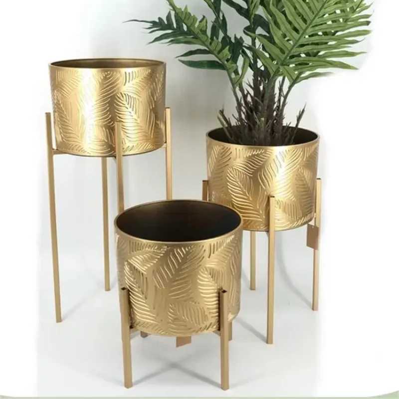 Modern Gold Iron Plant Rack Three-Piece Green Potted Flower Bucket Set Concave Pattern Design Round Flower Pot Holder