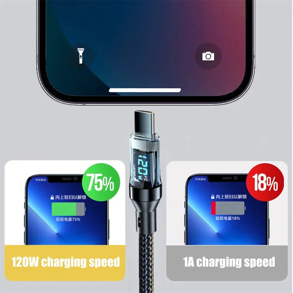 Cavo di ricarica super veloce per telefono da USB a tipo C da 120 W con cavo dati per display a LED per Xiaomi Redmi Samsung Huawei Honor 1M 2M