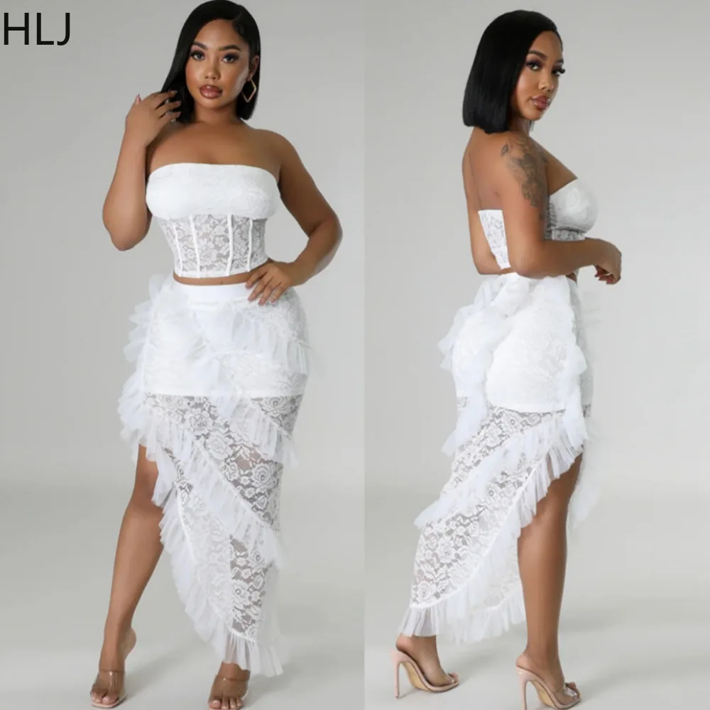 

HLJ Sexy Lace Splicing Irregular Ruffled Skirts Two Piece Sets Women Sleeveless Backless Tube And Skirt Outfits Fashion Clothing