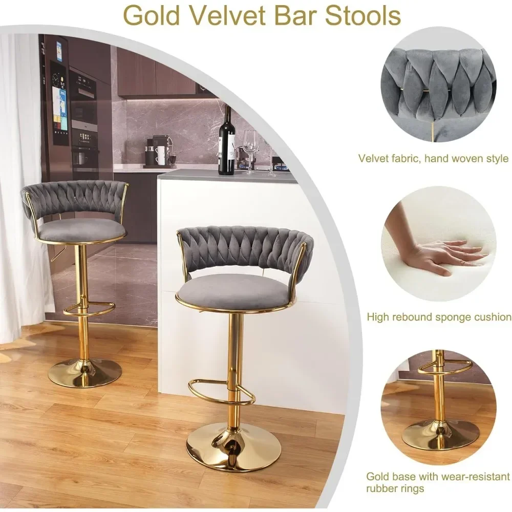 Bar Stools Set of 2, Modern Gold Velvet Barstool with Backs, Adjustable Height and Swivel, Kitchen Bars Chairs, Bar Chair