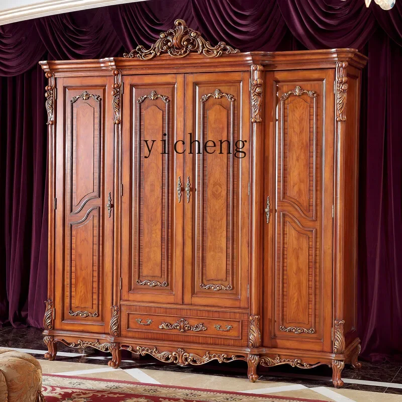 rustic solid wood wardrobe European retro 4-door wardrobe master bedroom clothing kitchen luxury carved cloakroom