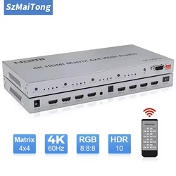 4K 60Hz HDMI True Matrix Switch 4x4 with R/L Audio Extractor HDR Video Matrix HDMI 2.0 Switcher Splitter 4 In 4 Out HDCP2.2 EDID