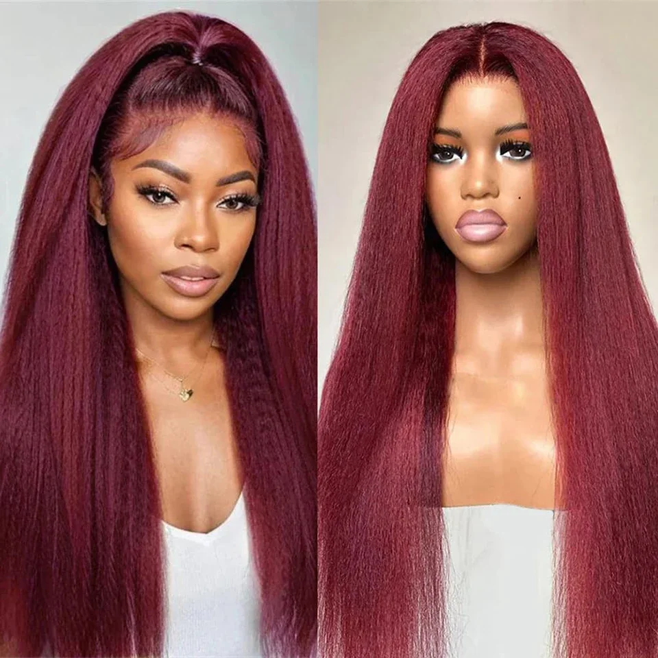 

Soft 26Inch Long Burgundy 99j Yaki Kinky Straight 180Density Lace Front Wig For Black Women Babyhair Heat Resistant Preplucked