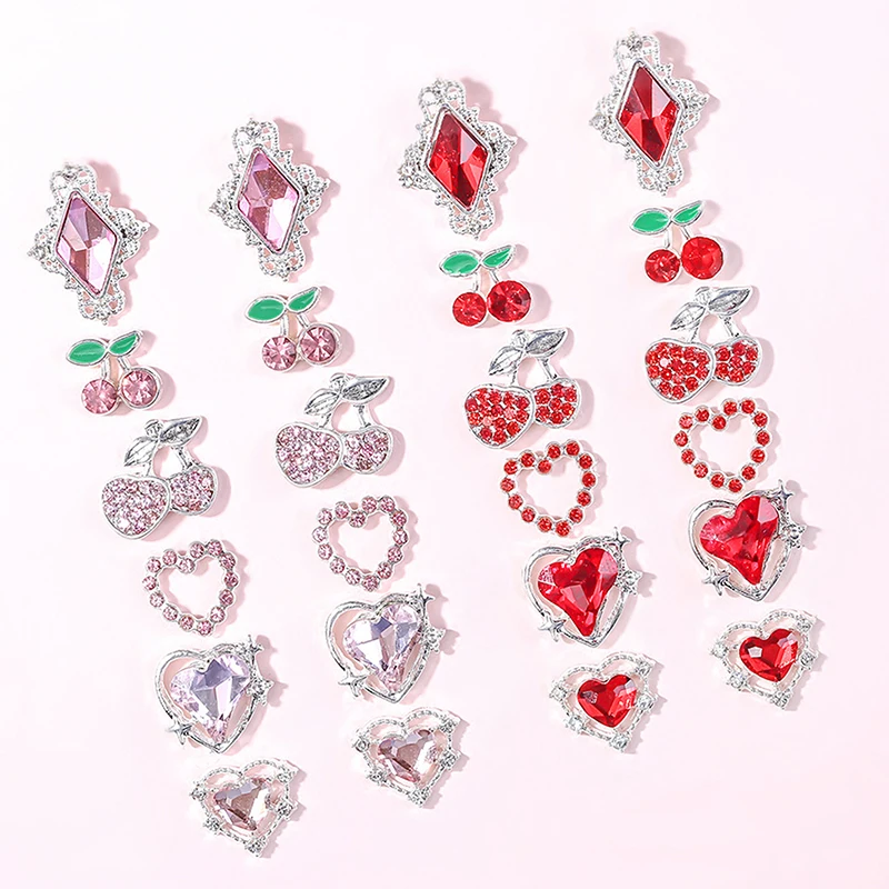 5 stks/partij 3D Legering Cherry Nail Charms Luxe Nagel Onderdelen Edelstenen Kristal Steentjes Steen Nail Art Decoraties Liefde Diamant