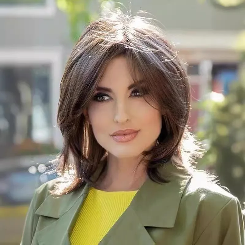 

Women's Short Straight Wig, Voluminous Long Bangs Center Part Wig, Dark Brown and Light Brown Synthetic Long Straight Wig