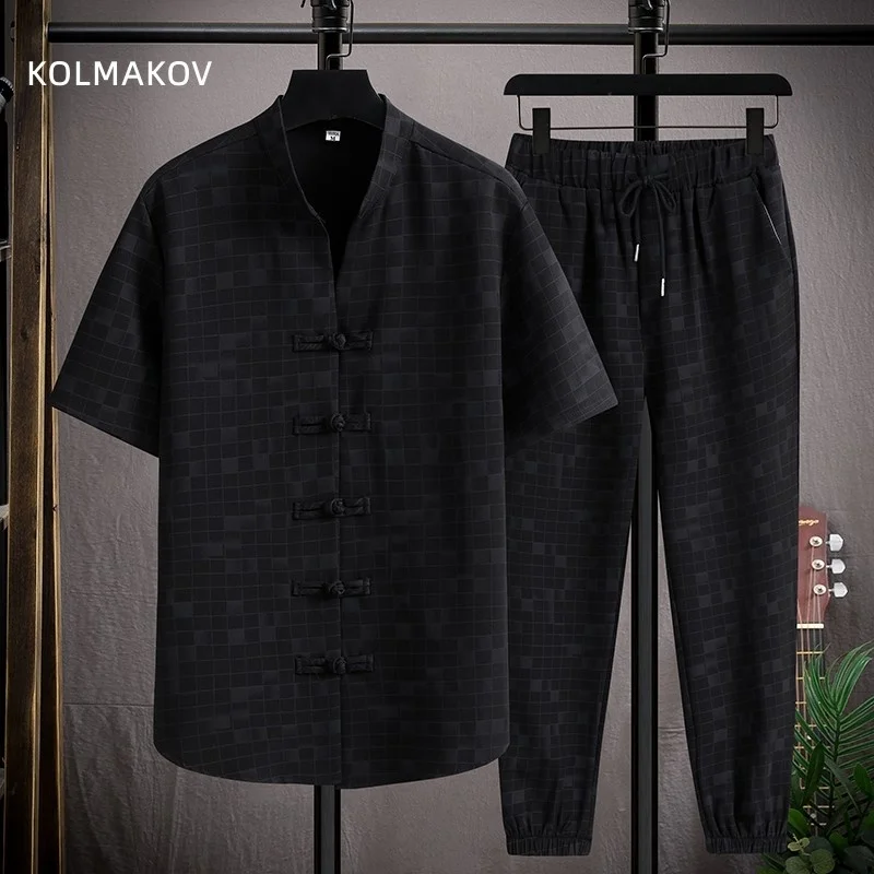 

(Shirt + trousers)2023 summer short sleeve men shirt Plaid shirts 's casual elastic waist Two-piece Suit M-5XL