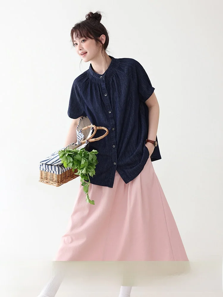 

AMUU North Island Deep Blue Shoulder Sleeve Single Button Denim Shirt Women's Summer Loose round Neck Top Korean Style Commute