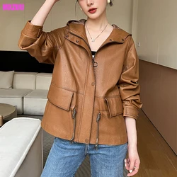 Women's Leather Jacket Autumn High Quality Litchi Stria Sheepskin Short Hooded Coat Lace-Up Loose Casual Brown Jaqueta Feminina