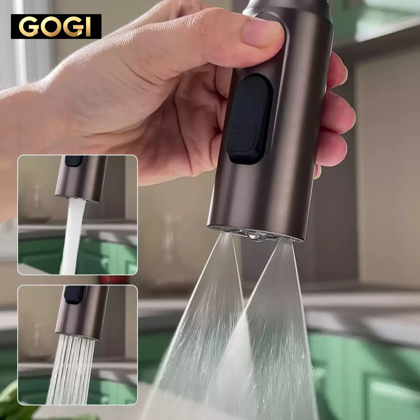 GOGI 4-in-1 Brass Pull Out Kitchen Faucet 3 Water Modes 360 Rotate Hot Cold Tap with Built-in Glass Rinser