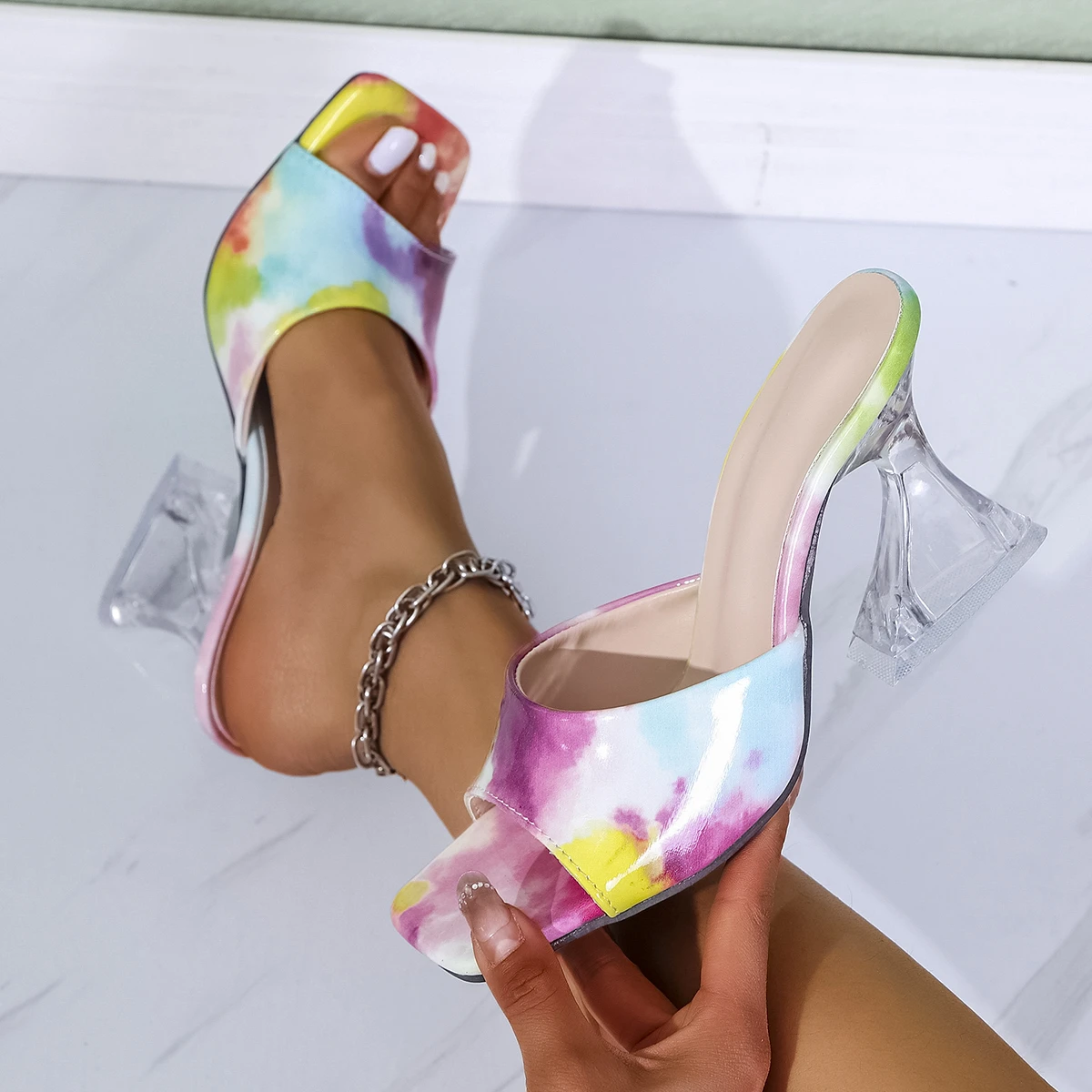 

Women High Heels Slippers New Summer Mix Color Graffiti Sandals Open Toes Squared Toes Transparent Fashion Sandals Slides Women