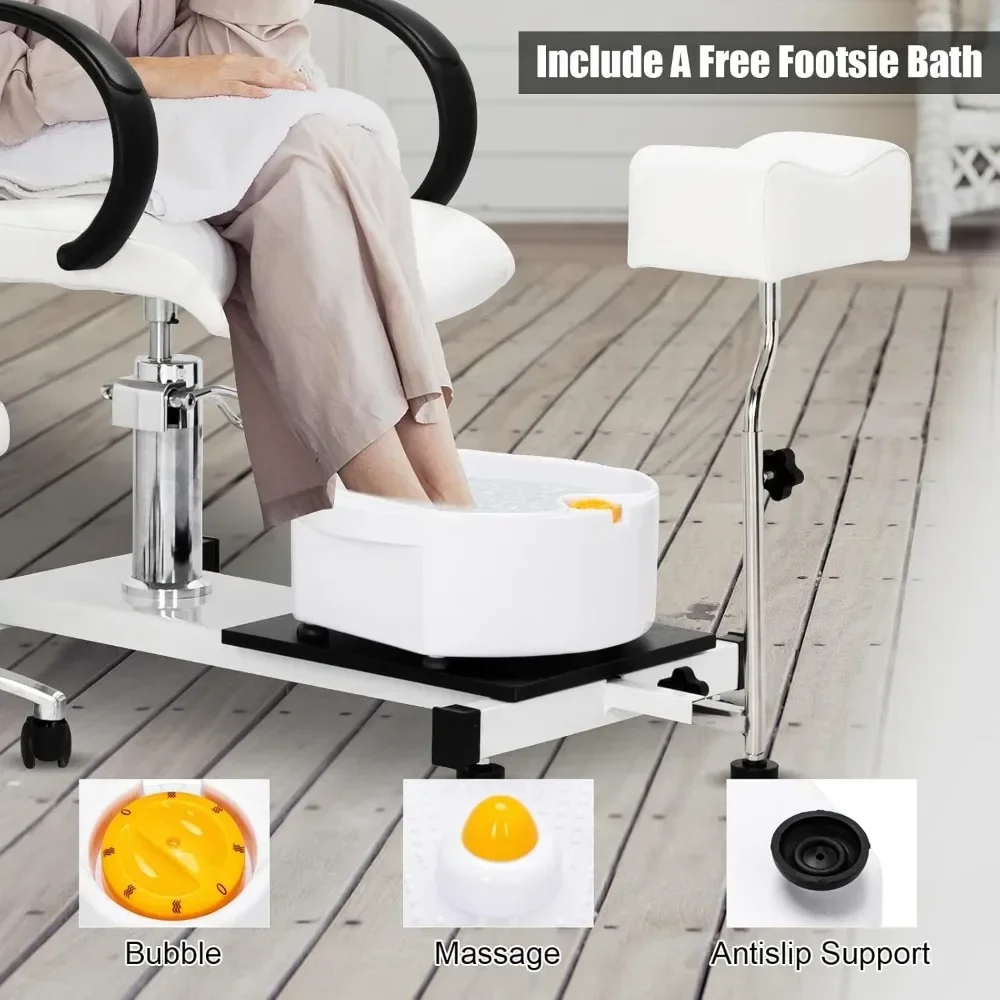 Pedicure Chair White with Stool & Bubble Massage Foot Bath, Hydraulic Pedi Chair for Nail Tech, Beauty Spa