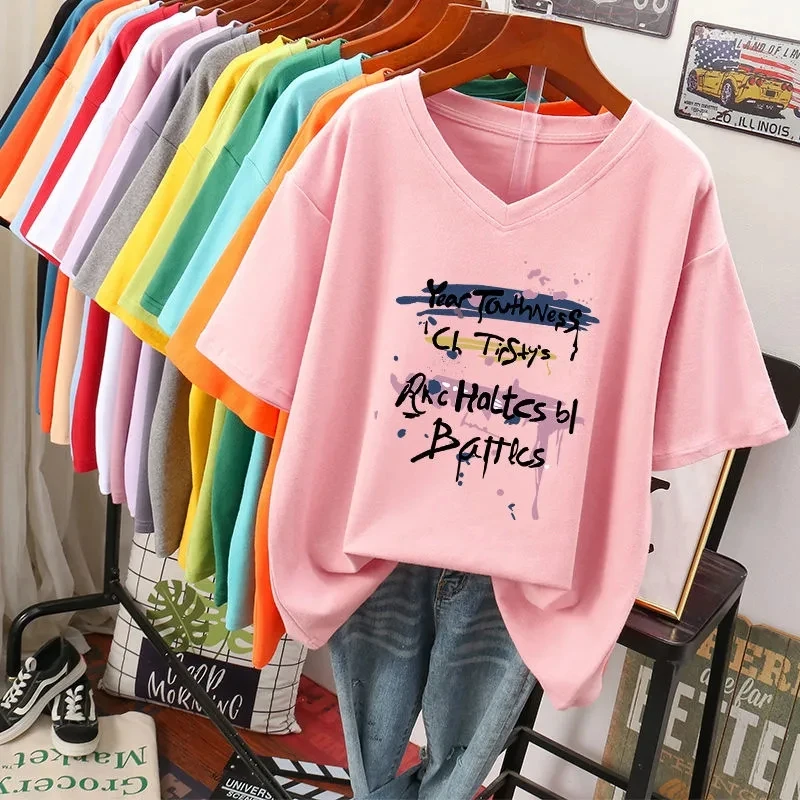 حجم كبير 6XL 150 كجم الصيف رسالة المرأة القطن تي شيرتات عجيبة قصيرة الأكمام الخامس الرقبة سيدة بلايز كبيرة الحجم تي شيرت امرأة الملابس