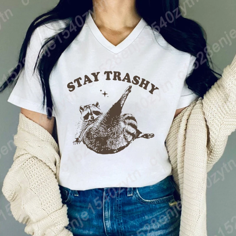 Cute Racoon Stay Trashy Print Tee Shirts For Women Summer Lovely Short Sleeve Casual T-shirts Funny Ladies Plus Size V-Neck Tops