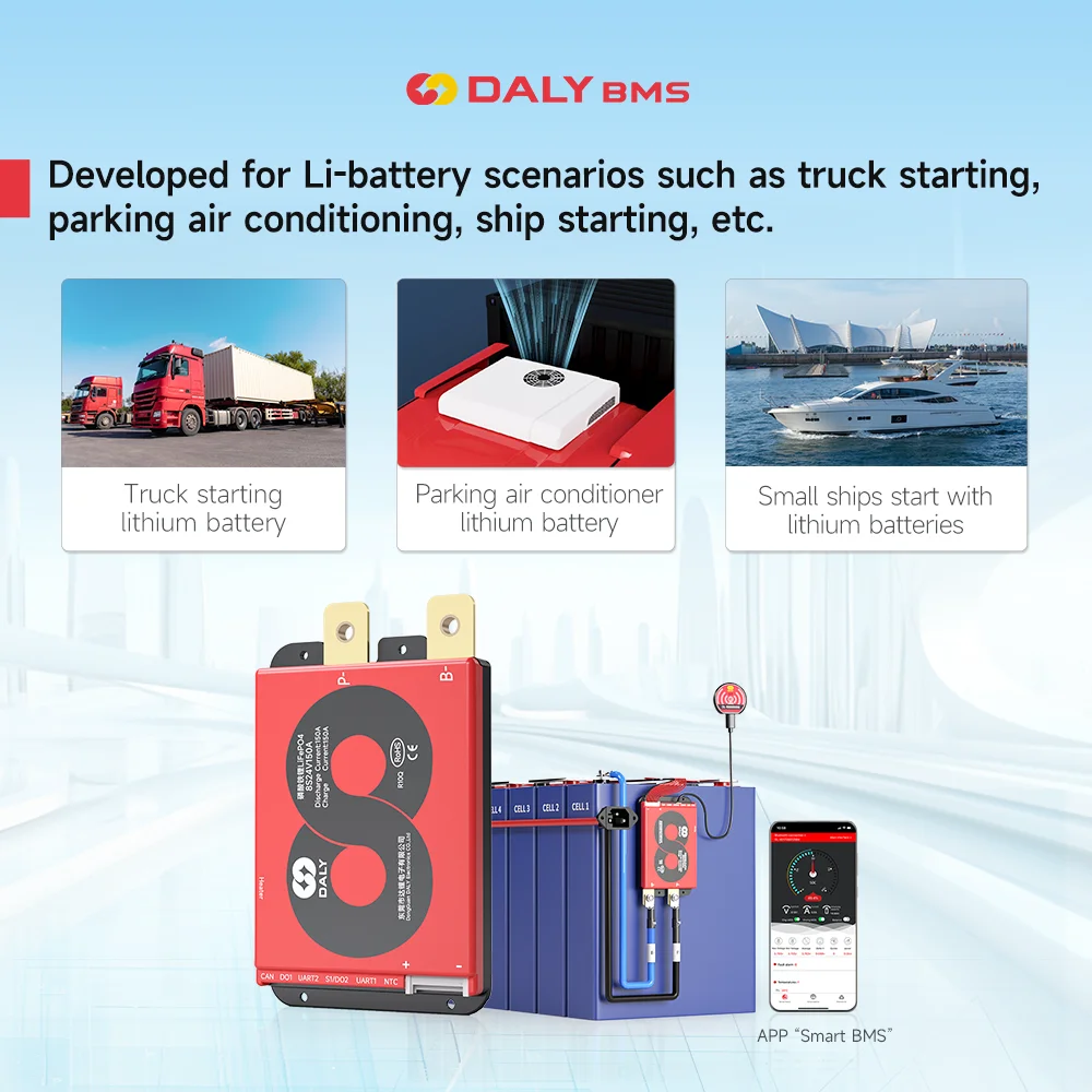 Daly Smart Bms 4S 8S LiFepo4 Batteria al litio per camion BMS Tensione 24V 48V 200A per avviamento auto