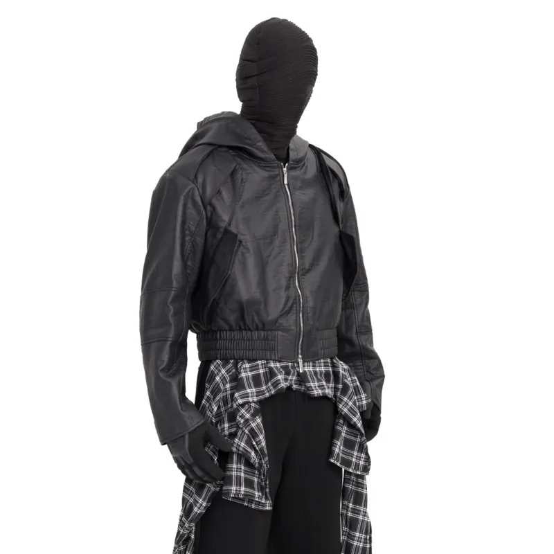 HKSH Autumn Winter New Men Dark Style Deconstructed Patchwork Zipper Hooded PU Leather Jacket Trend Moto-Biker Punk Coat HK14353