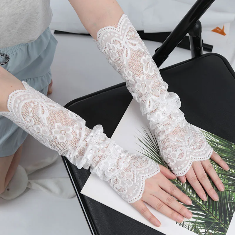 1 Pair Short Arm Sleeves Lace Sunscreen Gloves Ultra-thin Arm Cover for Women  Summer Sunblock Arm Cuffs Driving Sleeves