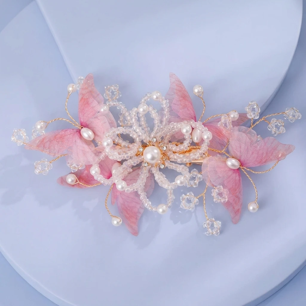 

Vintage Pink/Blue Silk Yarn Butterfly Hair Clip Elegant Hanfu Headband for Women Girls Stage Performance Cosplay Daily Wear