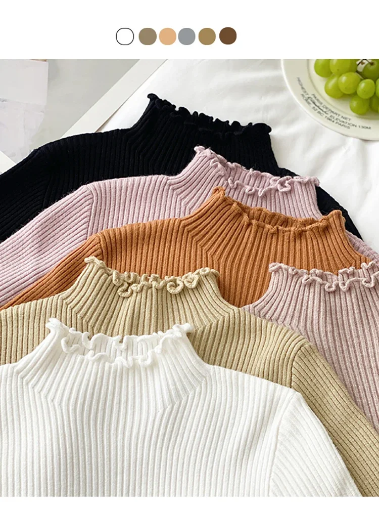 2024 Korea Long Sleeve Ruffles Turtleneck Slim Jumper Soft Warm Pull Femme Autumn Winter Sweater Women Knitted Ribbed Pullover