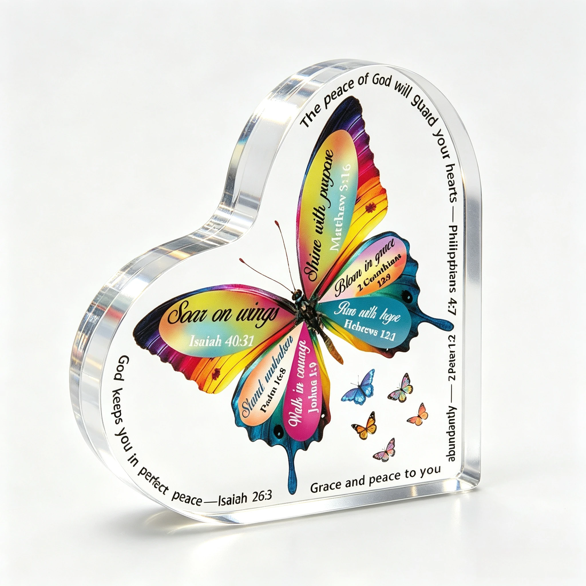 Faith Grace Hope Theme Clear Acrylic Heart Plaque, Bible Quotes Printed On Butterfly Wings Condolence Encouragement Table Present
