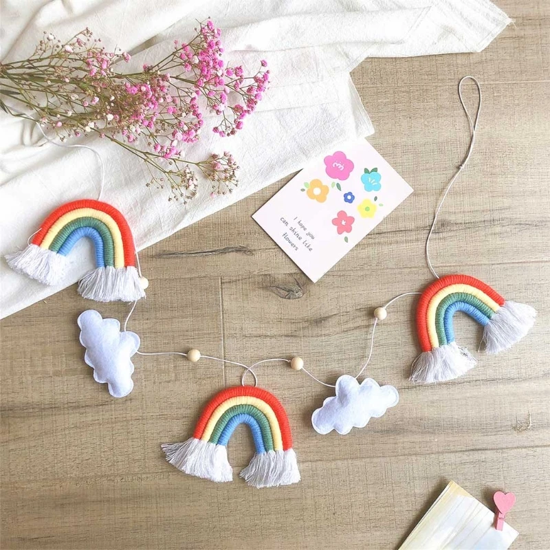 RIRI Noordse houten kralenslinger met vilten wolk breiwol regenboog kwast hanger hangend ornament foto-opname rekwisieten