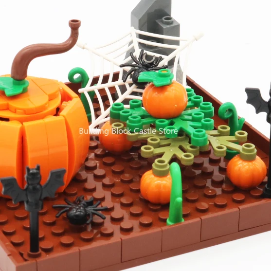 MOC accesorios de bloques de construcción, rompecabezas de ensamblaje, Parche de calabaza de Halloween, escena vegetal de partículas pequeñas, modelo de juguete