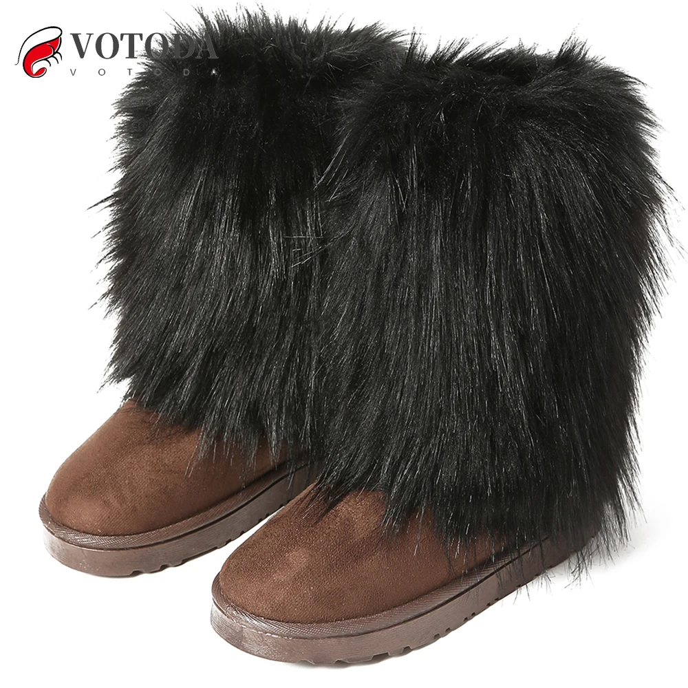 VOTODA New Women Fur Boots Faux Fur Snow Boots Warm Short Plush Lining Fluffy Winter Boots Fashion Furry Shoes Woman Fuzzy Boots