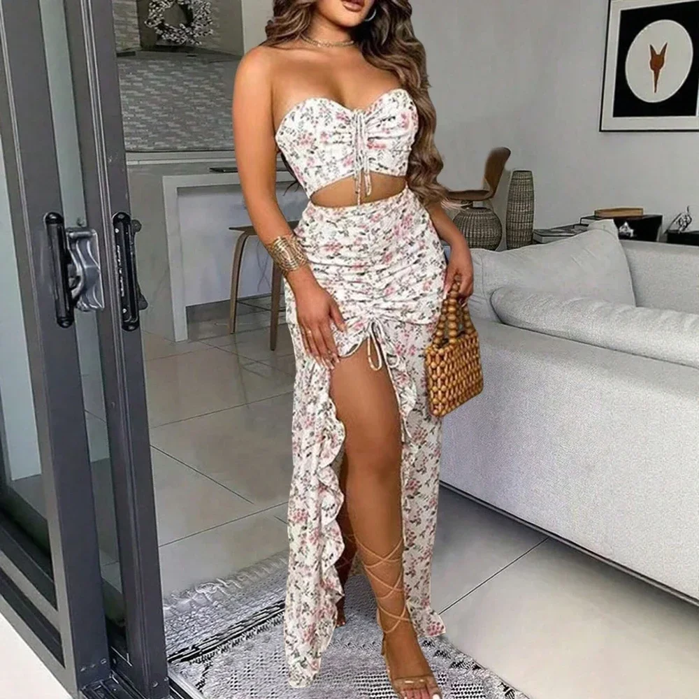 セット夏エレガントな小花柄ノースリーブストラップレスレースアップタンクシャーリングマーメイドスリットスカートビーチセット女性のための