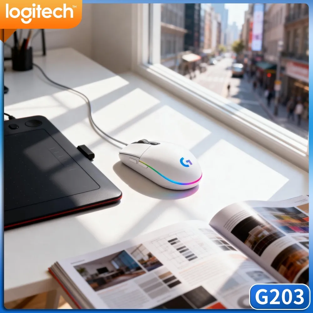 Logitech G203 Wired Gaming Mouse Bright RGB Glow Responsive Buttons Non‑Slip Base USB For Competitive Office Work