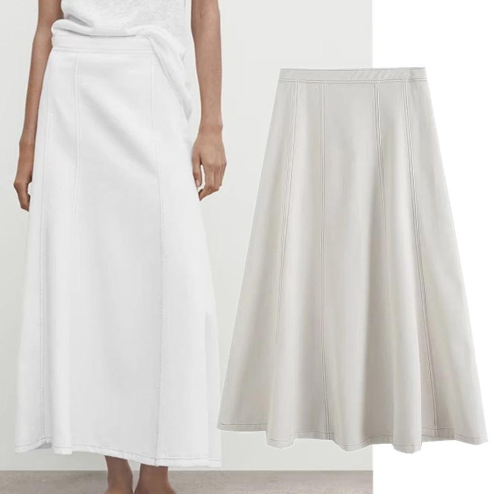 

Jenny&Dave French Casual Elegat Stitching A-Line Midi Skirt Fashion Women's Retro Office Ladies High Waist White Denim Skirt