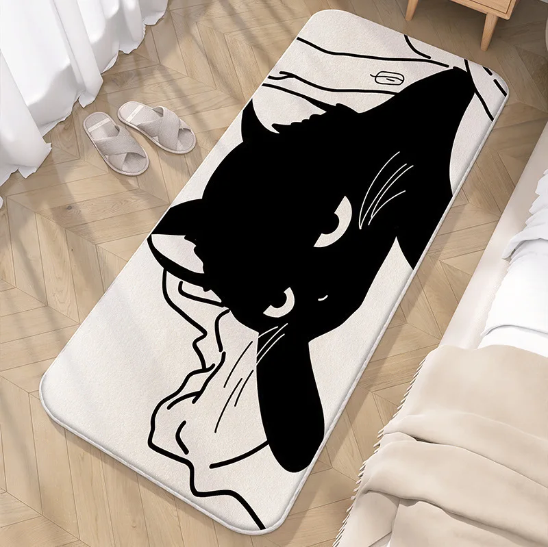 Cute Black White Cat Long Runner Rug Cartoon Kitten Print NonSlip Floor Mat for Bedroom Living Room Cat Lover Home Decor