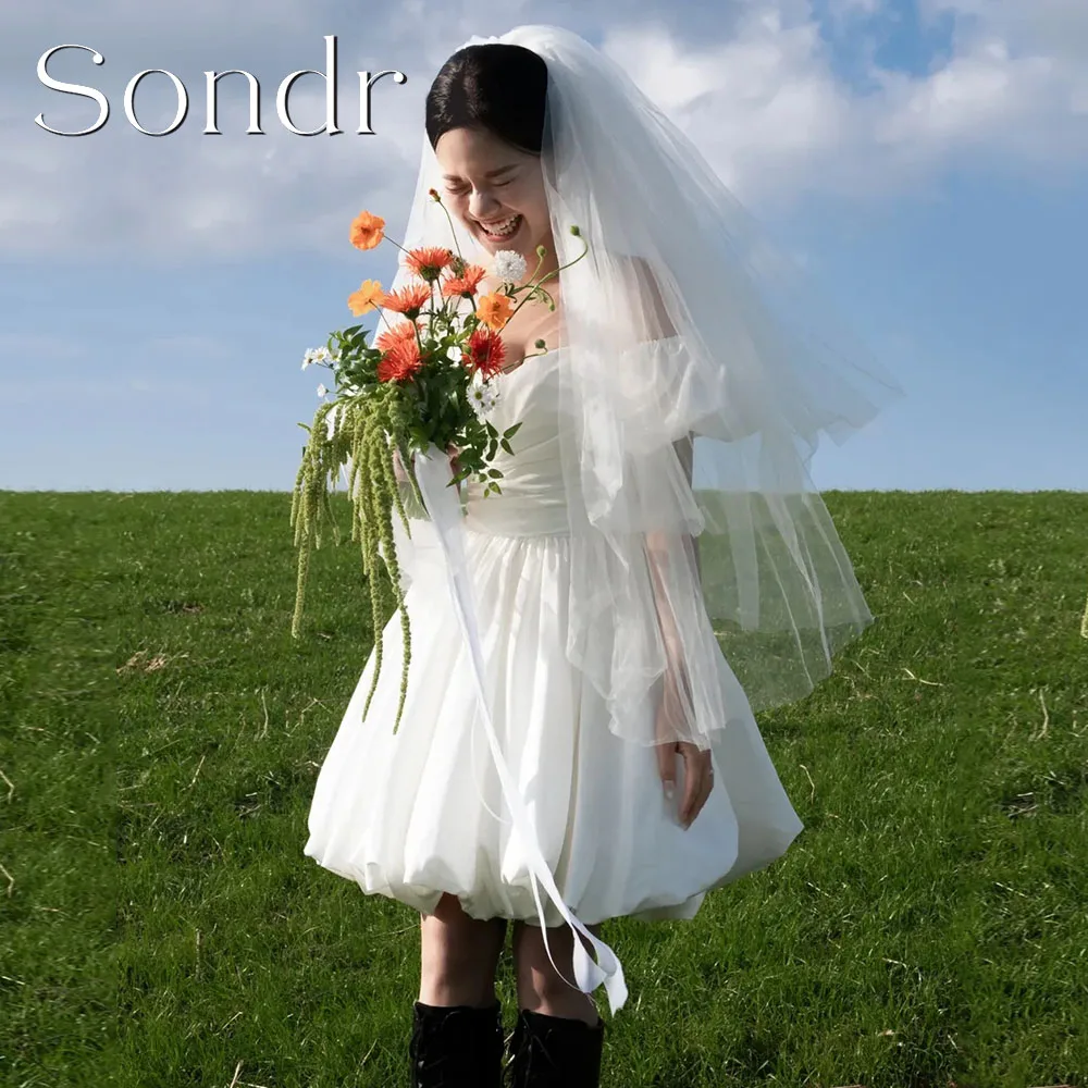 Sondr Customized Mini Korean Wedding Snap Dresses Strapless Short Bridal Party Gown Taffeta Photo Shoot Prom Dresses