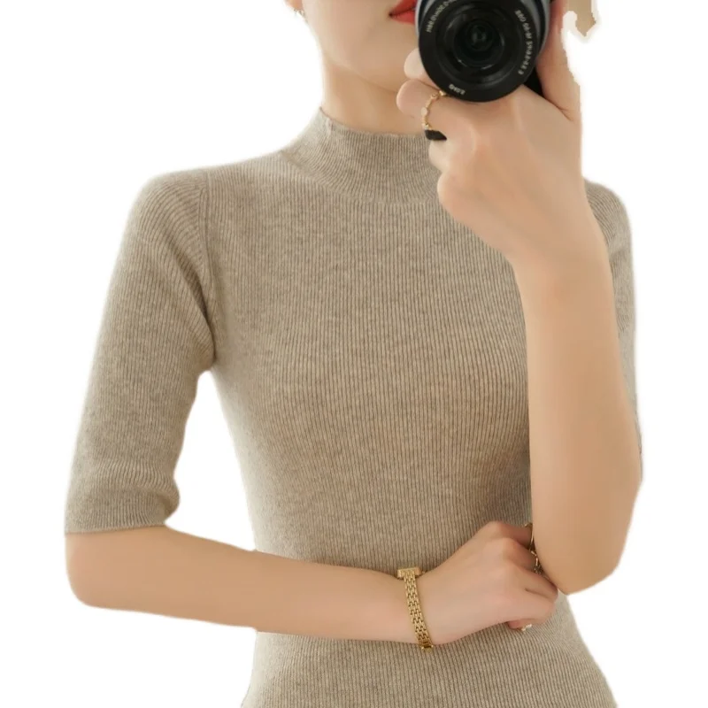 Simple Woolen ort Sve Five-Quarter Turn-Ne Knitted Base irt Women's Sli Slim Fit Spring Autumn Winter Top