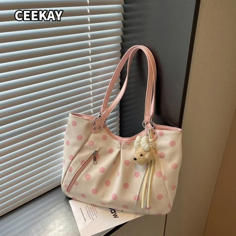 CEEKAY Kawaii Polka Dot Canvas Tote Bag Detachable Plush Charm Adjustable PU Strap for Girls School Work Daily Shoulder Handbag