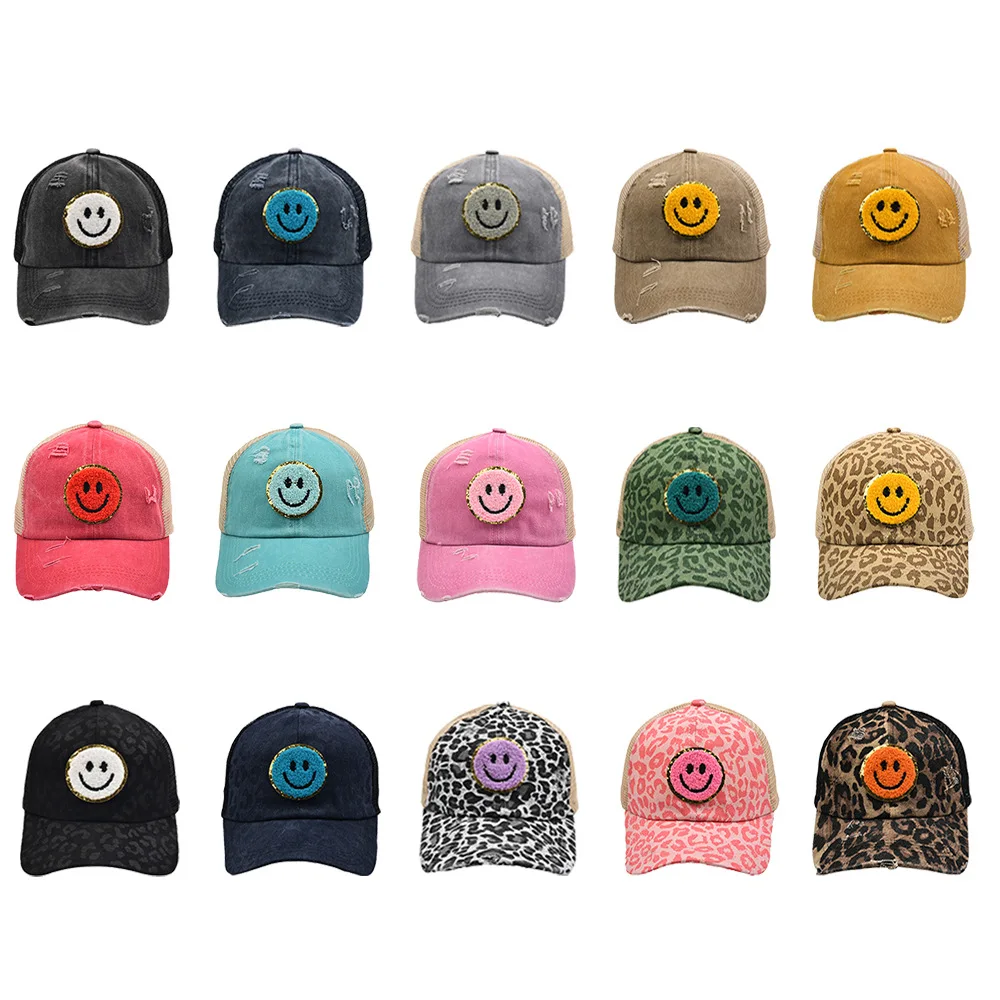 Girl\'s Cute Funny Baseball Caps Men Smile Patch Logo Sports Sun Hats Women Fashion Leopard Washed Cotton Snapback Cap gorras