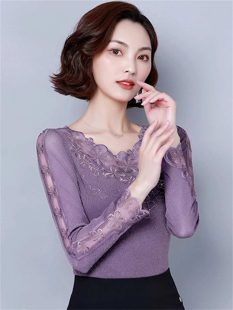 4XL Women Spring Autumn Blouses Shirts Lady Fashion Casual Long Sleeve O-Neck Collar Lace Sexy Embroidery Blusas Tops CT0268