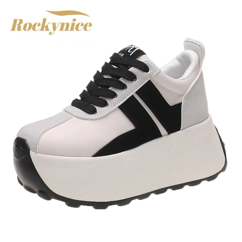 

Women Casual Sports Shoes 7.5CM Heels High Platform Sneakers Wedge Height Increase Footwear Leather White Comfy Chunky Sneakers