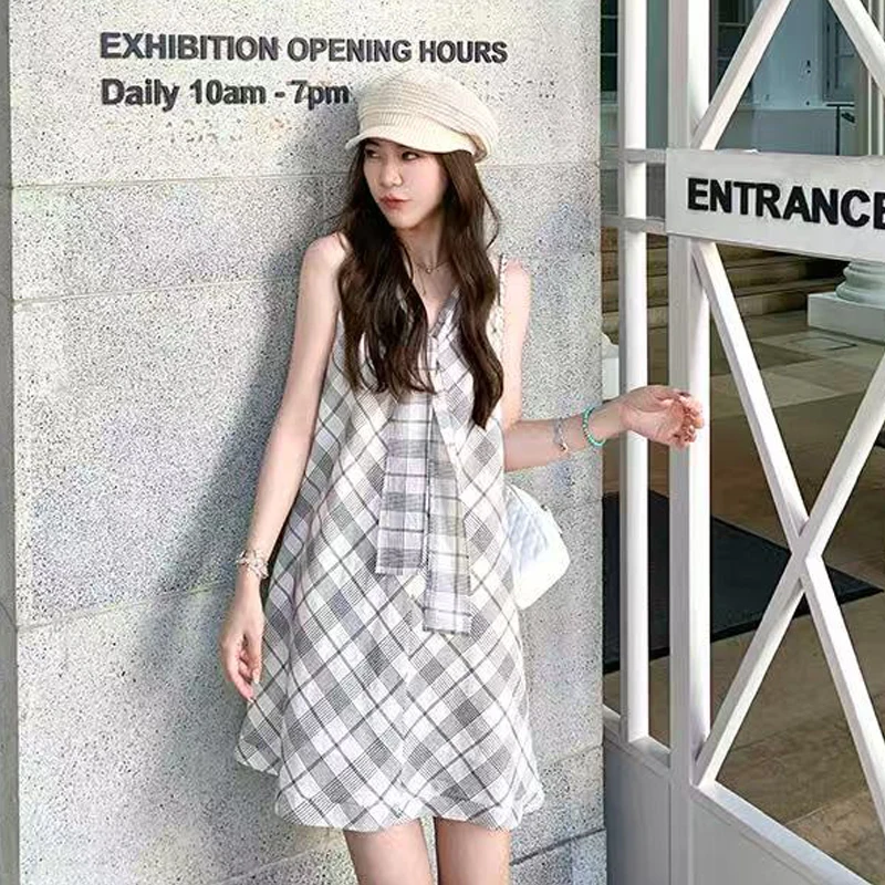 Abito a quadri stile street alla moda coreana Nuove donne Colletto alla marinara Abito a canotta senza maniche allentato Abbigliamento casual chic da strada