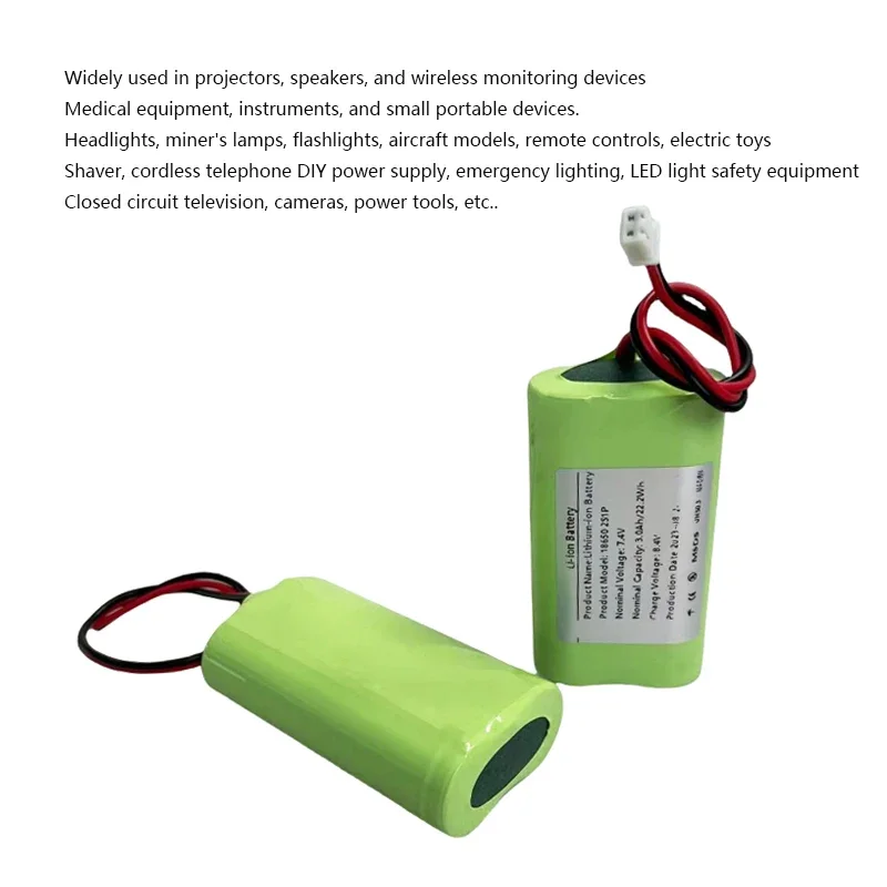 2S1P 7.4V 3000mAh XH2.54-2P Plug Lithium Battery Pack, Suitable for Projectors, Speakers, Wireless Monitoring etc