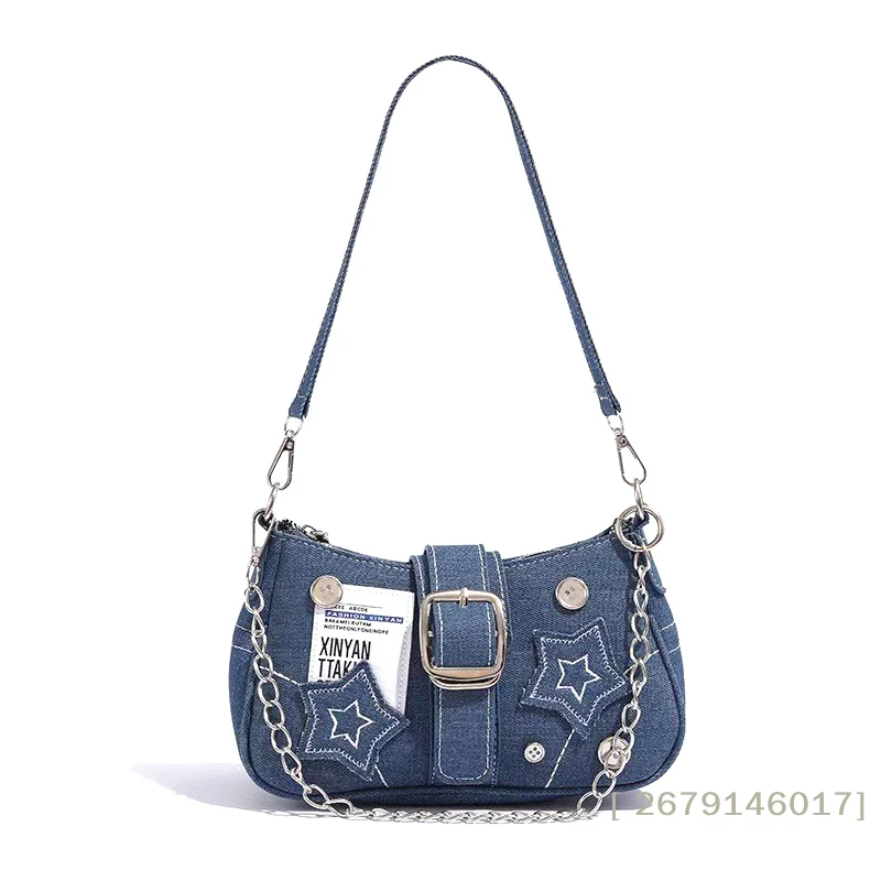 【YY26】Bolsos de mano a la moda para mujer, con estampado de estrellas de mezclilla, estilo Y2K, bolso de lona para mujer, bolsos pequeños de hombro, bolso tote con cadena