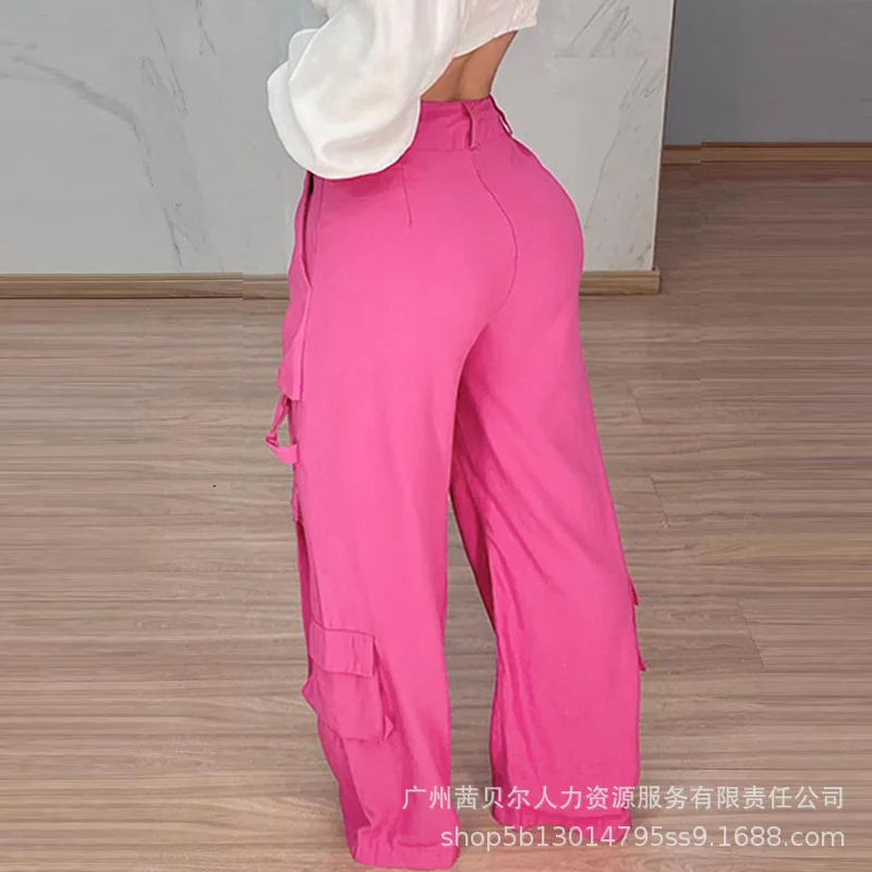 

Wepbel Trousers Solid Color Loose High Waist Wide Leg Pants Rose Red Cargo Pants Women Summer Streetwear Patch Pocket Overalls