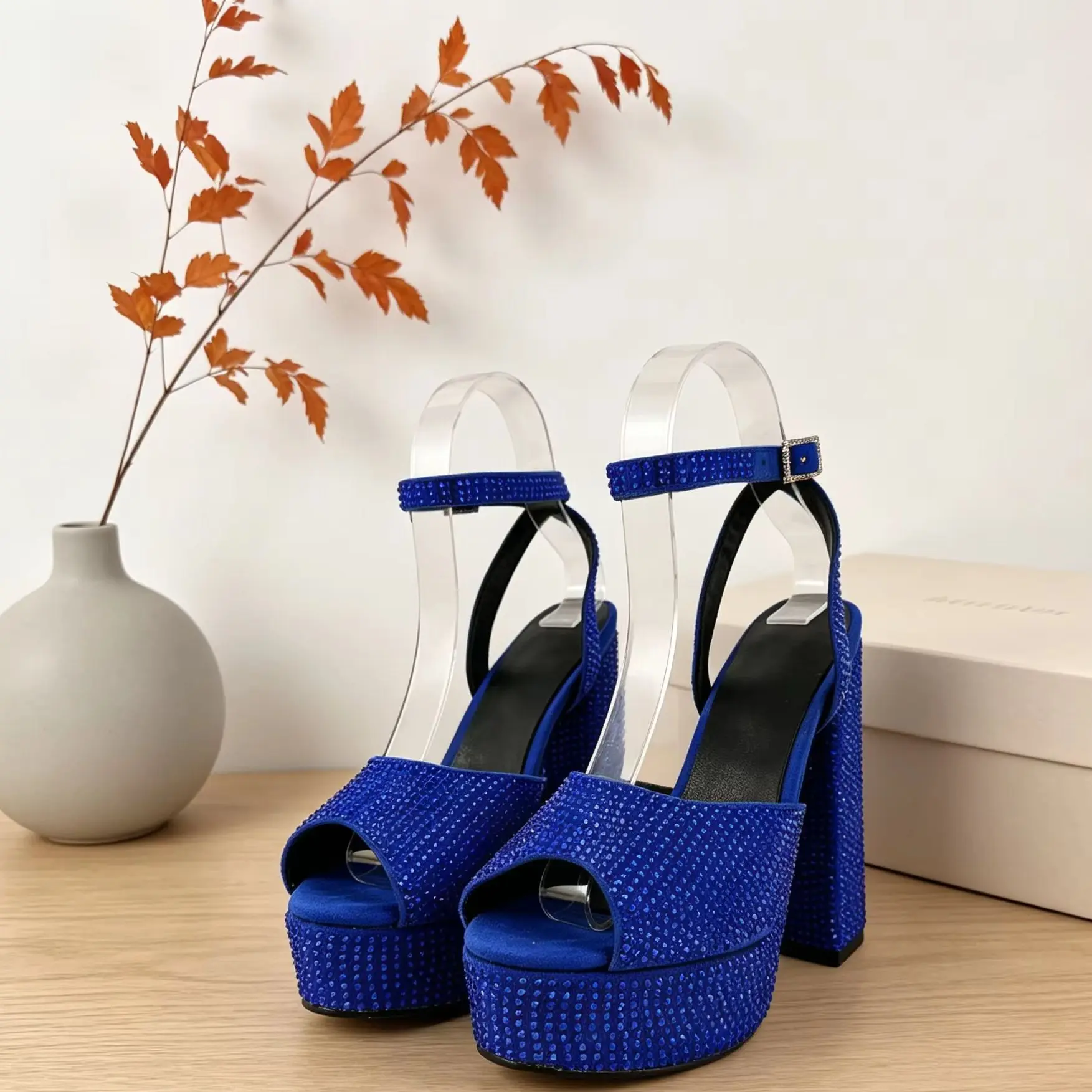 Peep toe Platform Sandals Summer Rhinestones Crystal Ankle Straps Buckles Sexy Thick High Stiletto Heels Pumps Women Shoes