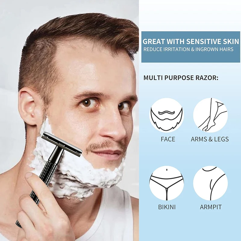 ماكينة حلاقة كلاسيكية للرجال لإزالة الشعر الخفيف ماكينة حلاقة بحافة مزدوجة من الفولاذ المقاوم للصدأ مع صندوق واحد شفرات حلاقة بحافة مزدوجة