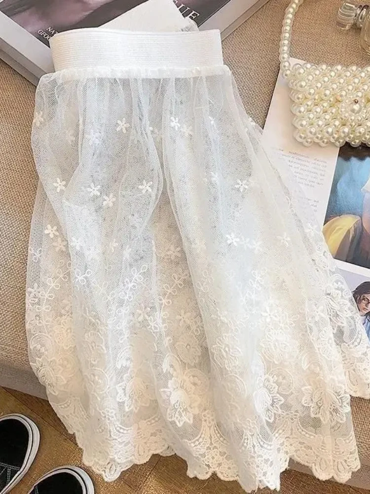 Y2k jupe en dentelle femmes Style coréen taille élastique maille transparente a-ligne Mini jupes été doux superposé Falda Mujer