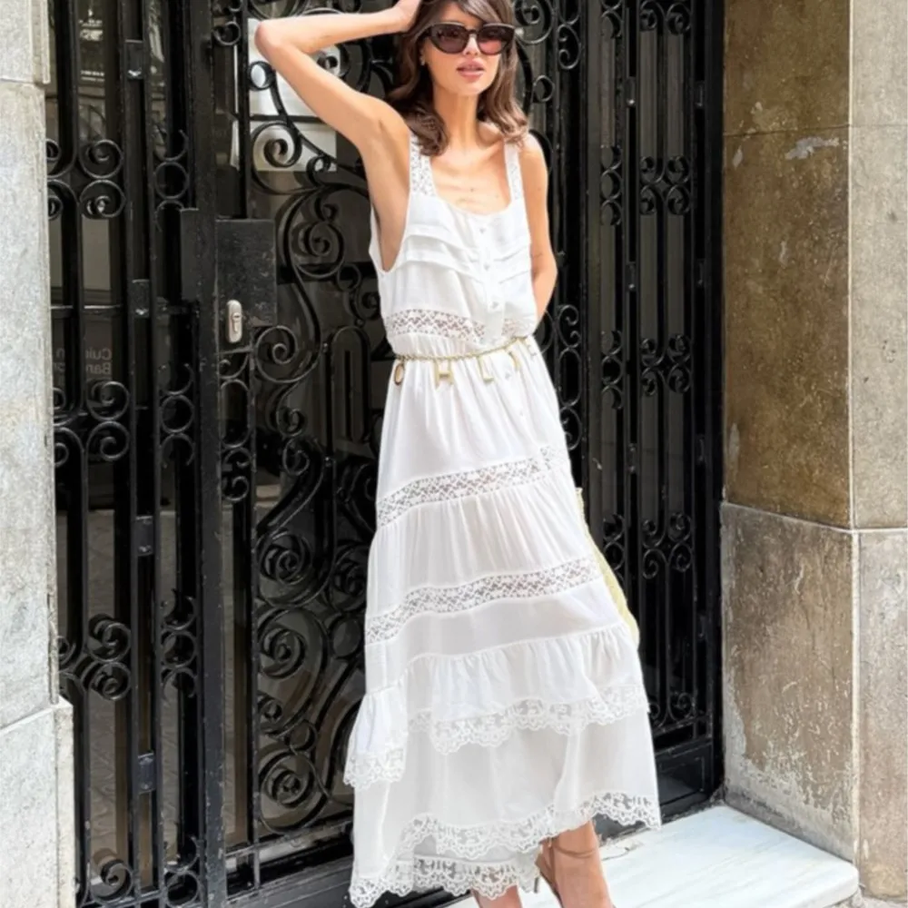 Picture 7: Dresses 2026 Woman Bohemian Lace A-line Dress Casual Evening Dress Vacation Solid Color See Through Lace Patchwork Sleeveless