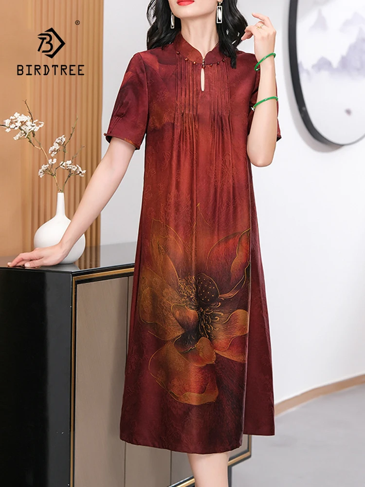 

BirdTree, 100%Real Silk Watered Gazue Dresses, Women Short Sleeve Flower Printed, Vintage Chinese Dress, 2024 Summer D44036QC