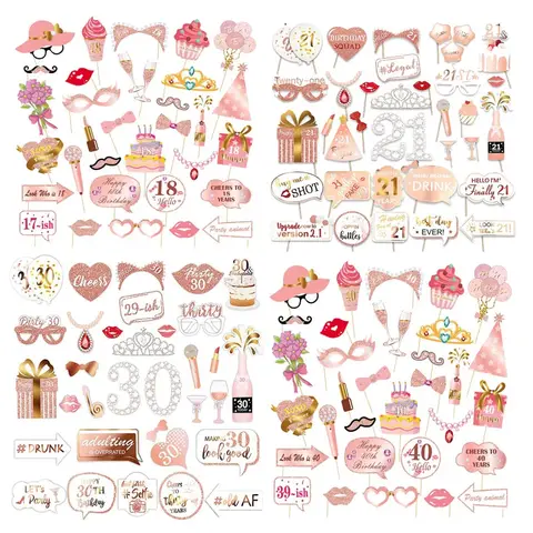 1Set Pink 18 21 30 40 50 60 Year Old Paper Handheld Photography Props Adult Happy Birthday Anniversary Party Decor Supplies