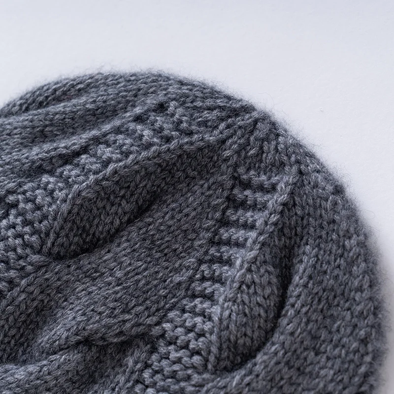شتاء جديد المرأة الكشمير الخالص في الهواء الطلق محبوك مكبل قبعة فول بلون الملتوية زهرة سميكة الدافئة الرجال قبعة صغيرة #2