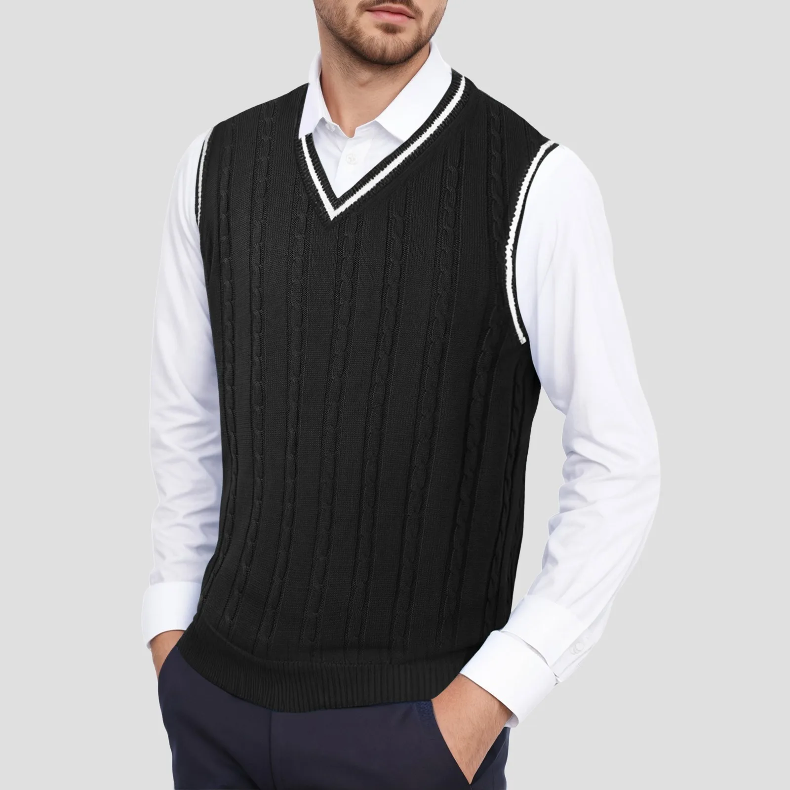 Men Solid Color Fasion Knitted Vest Sleeveless Casual  Loose V Neck Thickened Vest Bottoming Shirt Vest Hot Sweater For Men