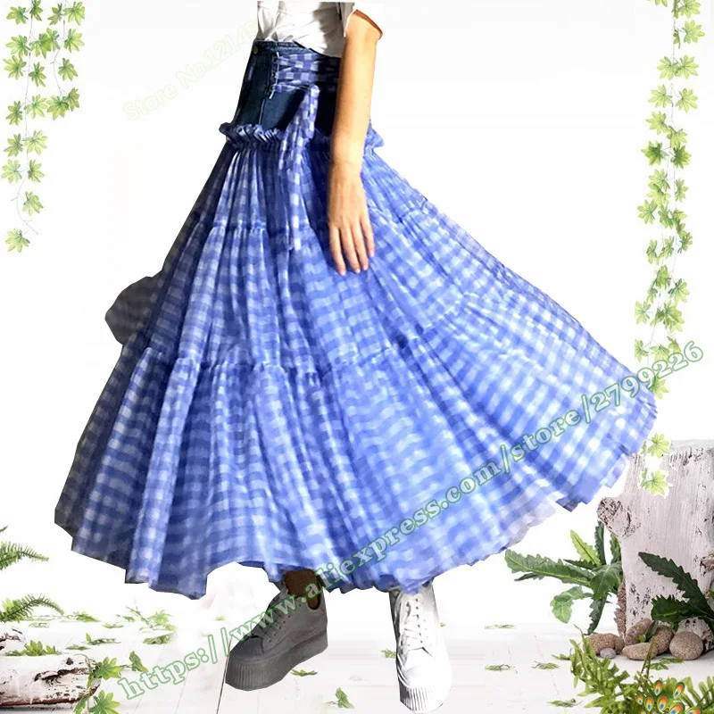 

Women's Design Fashion Casua Jeans Denim Mesh Spliced Waist High Waist Slim Plaid Long Tutu Fluffy Pleated Skirt Korean